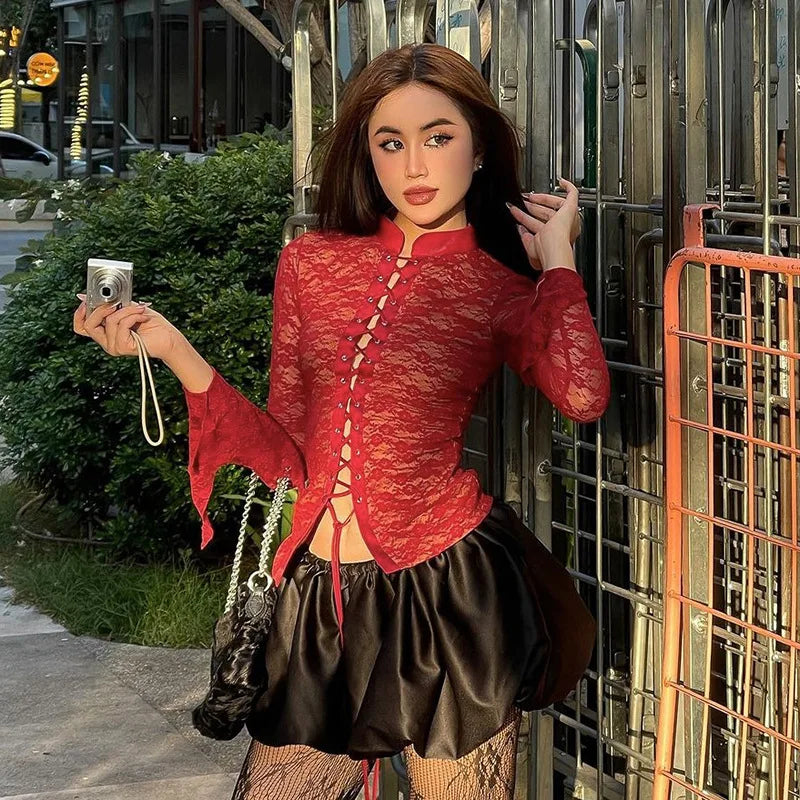Red See Through Lace Top