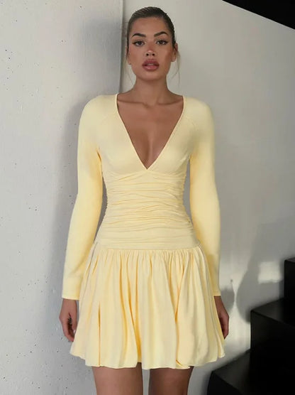 Yellow Deep V-Neck A-Line Long Sleeve Mini Dress