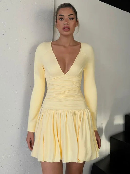 Yellow Deep V-Neck A-Line Long Sleeve Mini Dress