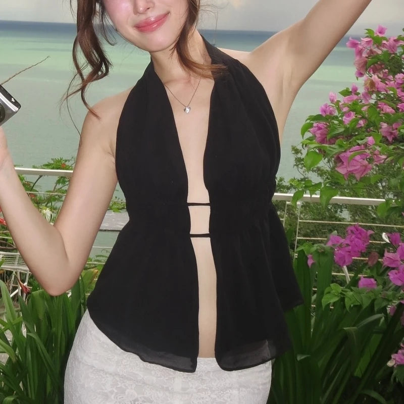 Black Backless Mesh Sleveless Halter Tank Top