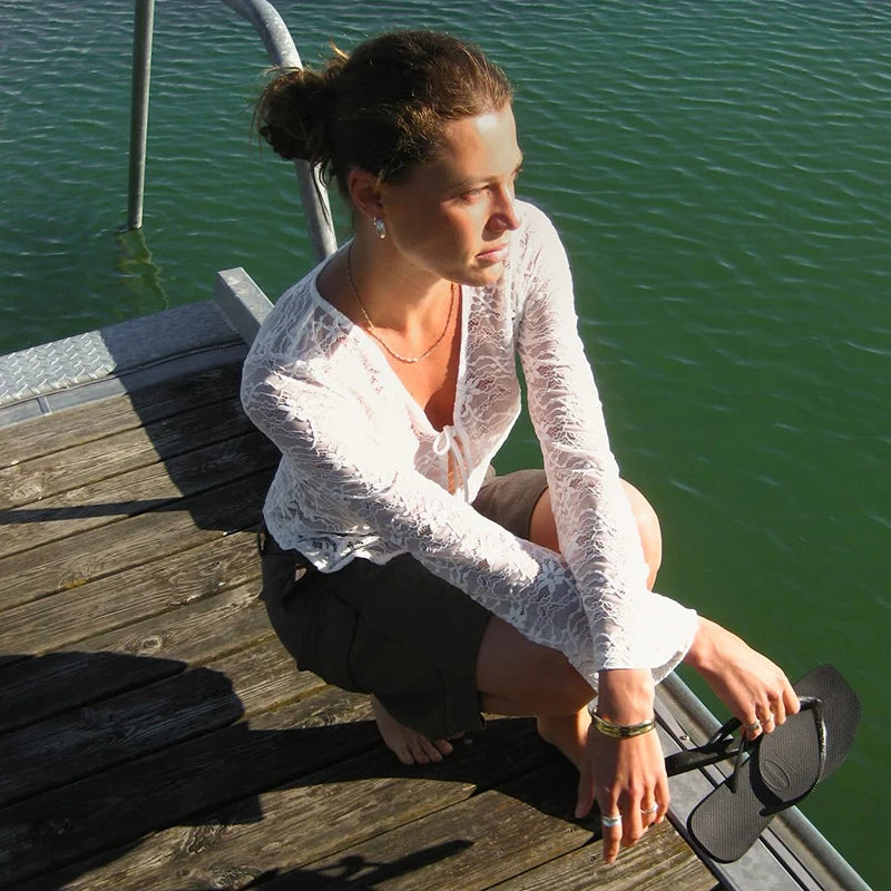 Lace Hollow Out See Through Long Sleeve Top