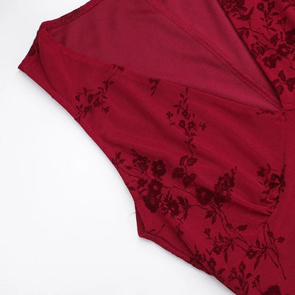 Floral Printed Deep V Long Dress - Sleeveless Slim Fit