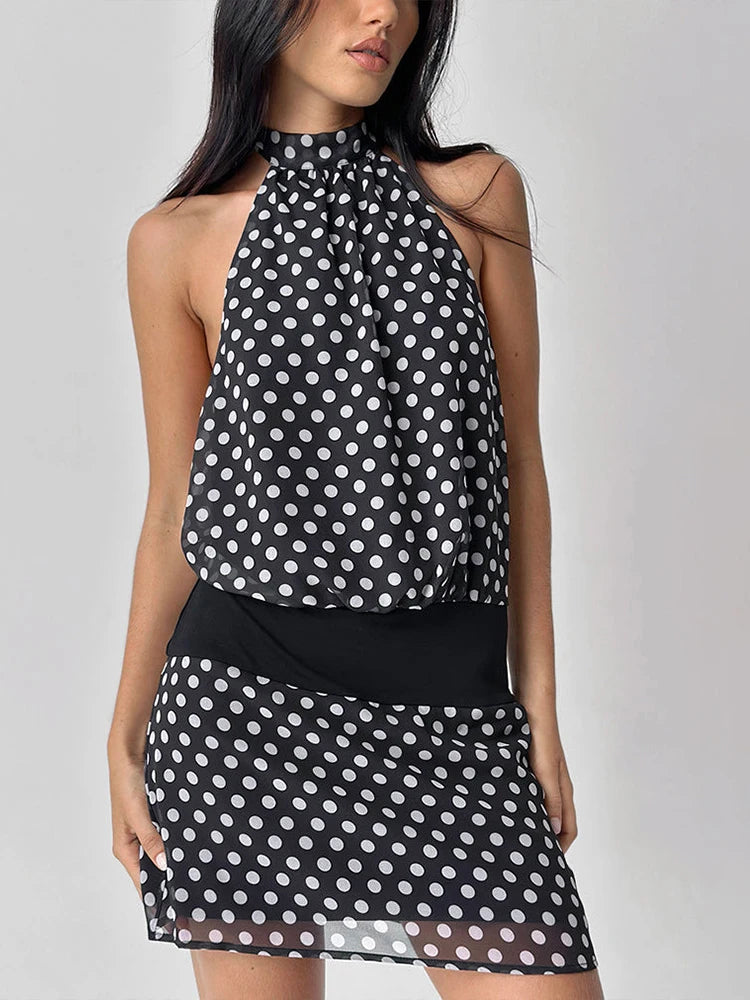 Polka Dot Halter Dress Black Backless High Waist Zipper Dress