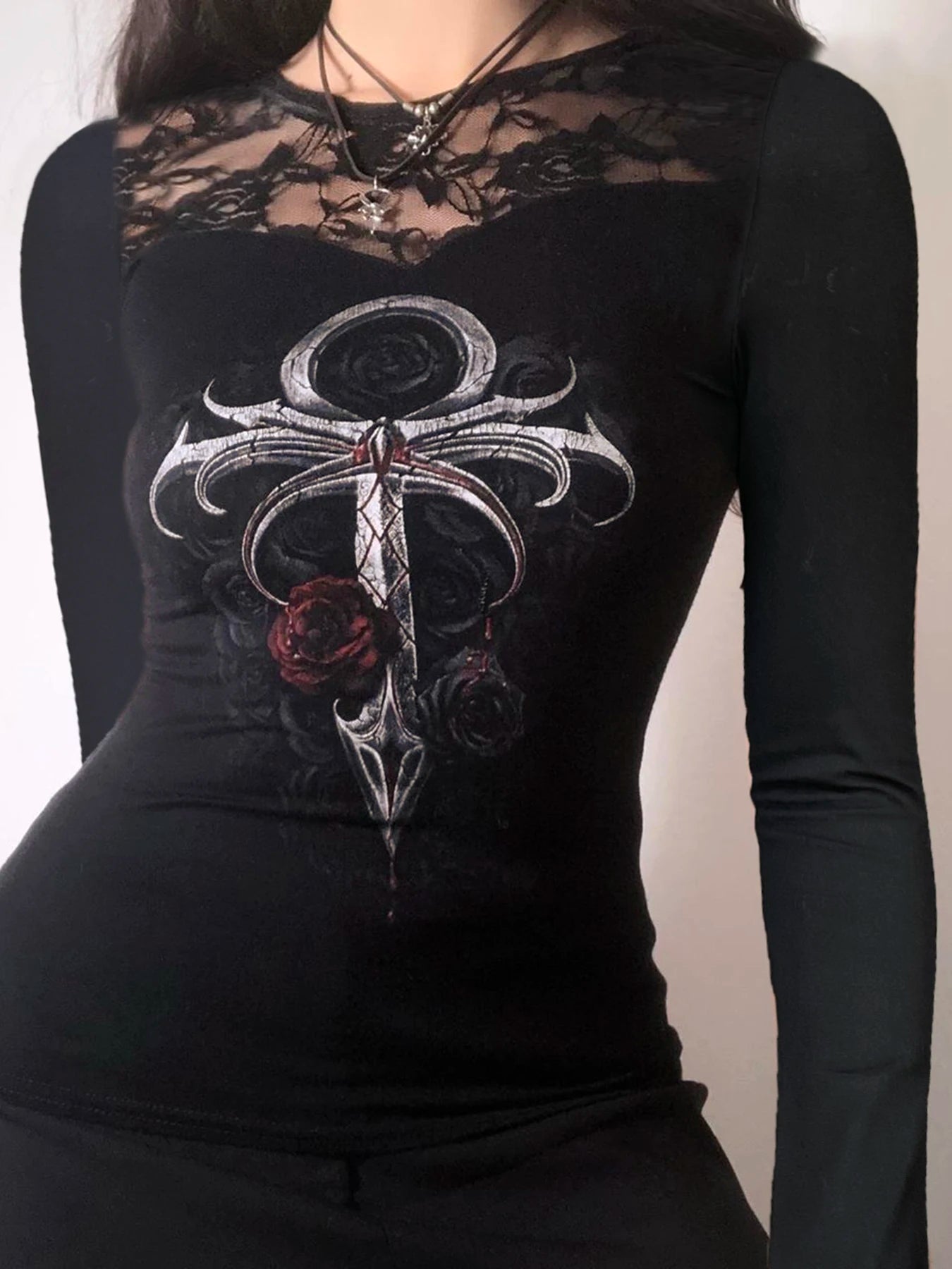 Gothic Lace Print Slim Top Long Sleeves Tee Shirts ing