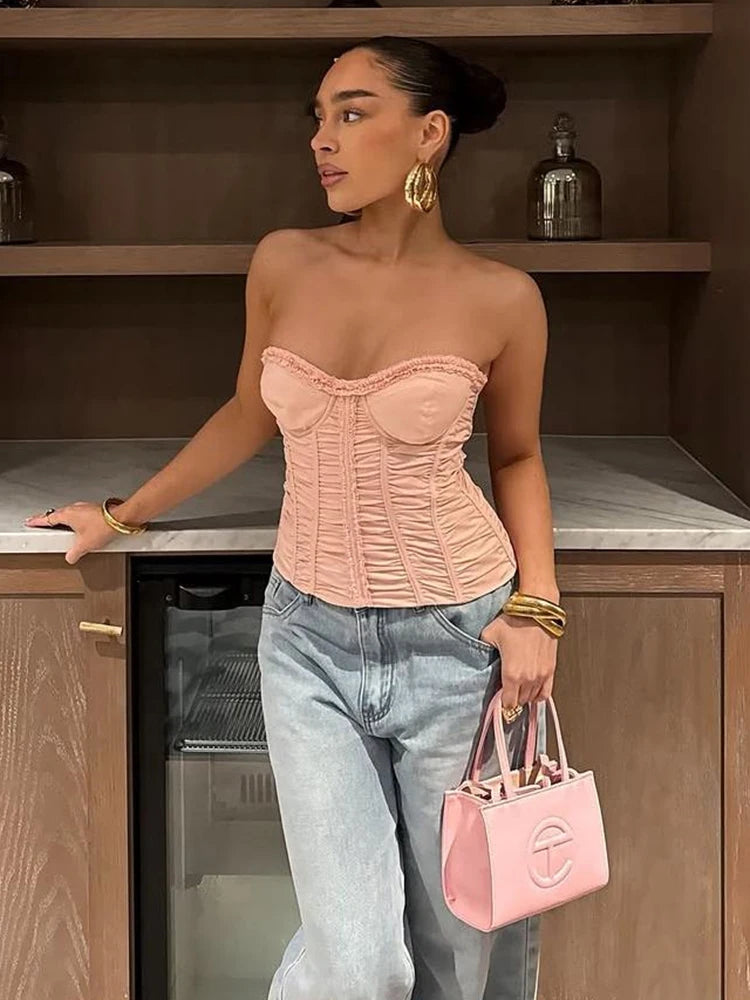 Ruffles Corset Top Fake Fishbones Wrap Daily stretch Tube Top