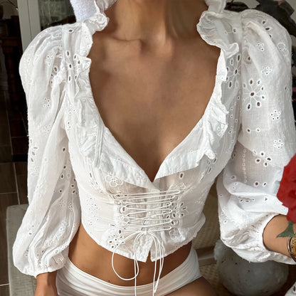 White V-Neck Long Sleeve Ruffle Crop Top