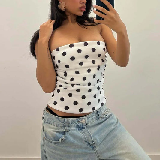 White Backless Slim Ruched Polka Dot Tank Top