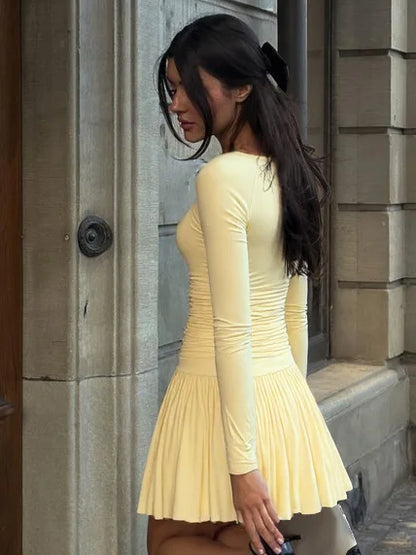 Yellow Deep V-Neck A-Line Long Sleeve Mini Dress