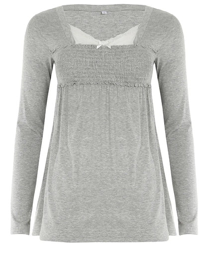 Lace Patchwork Square Collar Long Sleeve T-Shirt GRAY