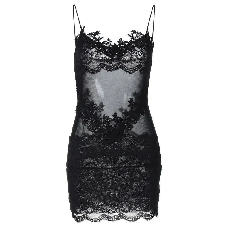 See Through Lace Mesh Backless Mini Dress