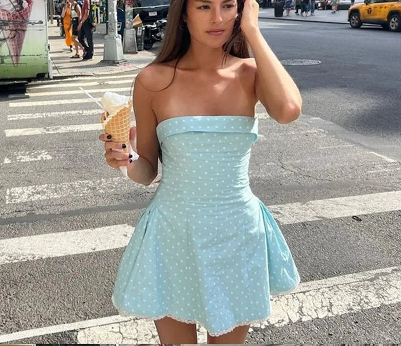 Slash Neck Cute Off Shoulder Dot Print Mini Dress Dress