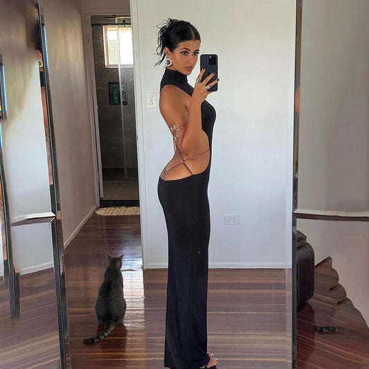 Black Backless Butterfly Detail Maxi Dress