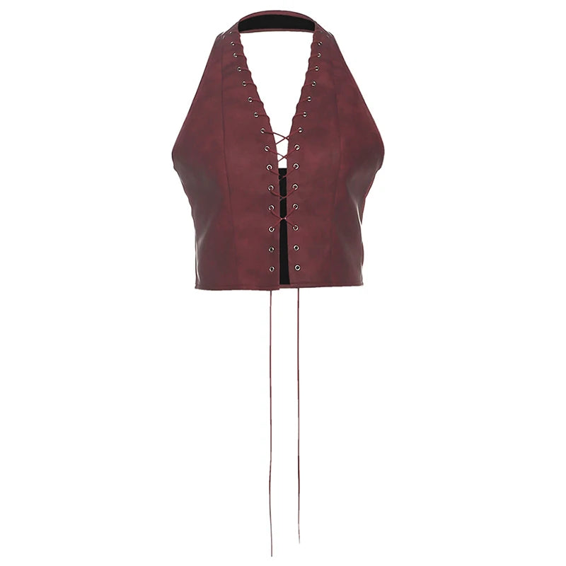 Red PU Sleeveless Halter Backless Top