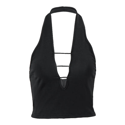 Deep V-neck Halter Crop Top with Hollow Out Design