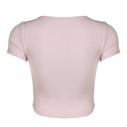 Lace Patchwork Pink Tee Shirt - Short Sleeves & Lace-Up