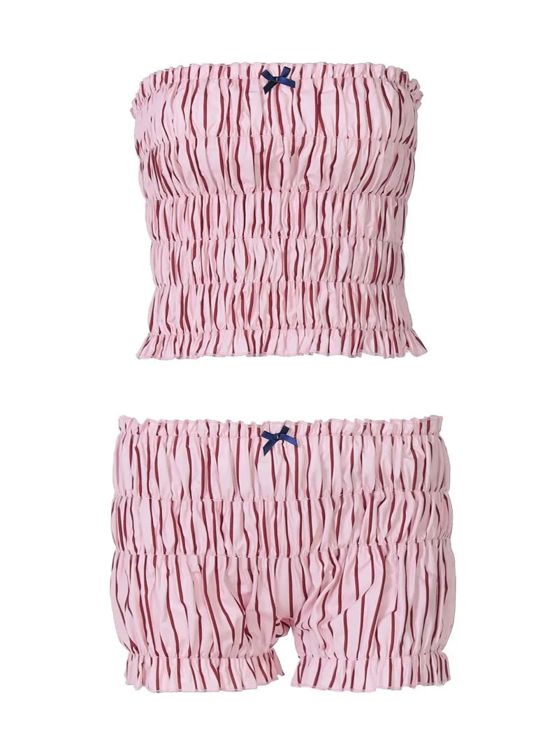Pink Striped Tube Top and Mini Shorts Two Piece Set