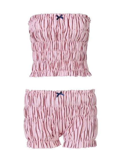 Pink Striped Tube Top and Mini Shorts Two Piece Set
