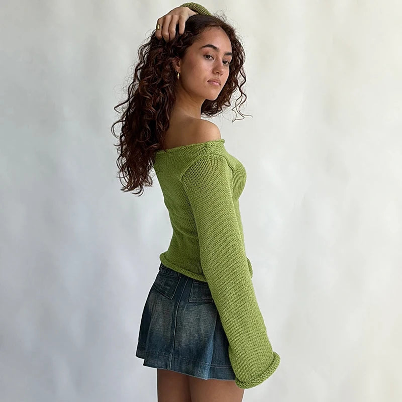 Knit Off Shoulder Slim Long Bell Sleeve Sweater