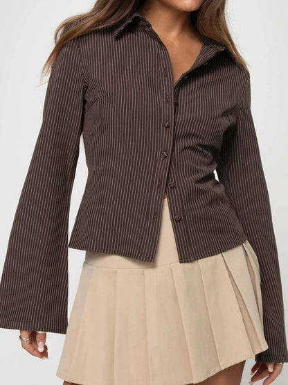 Striped Print Button-Up Blouse with Flare Sleeves