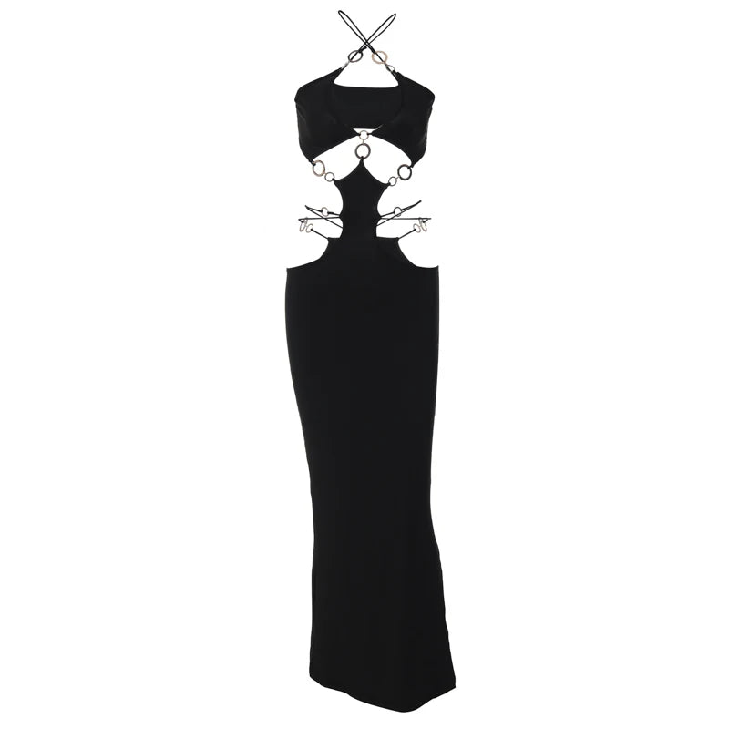 Black Halter Slim Backless Slit Midi Dress