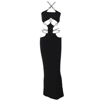 Black Halter Slim Backless Slit Midi Dress