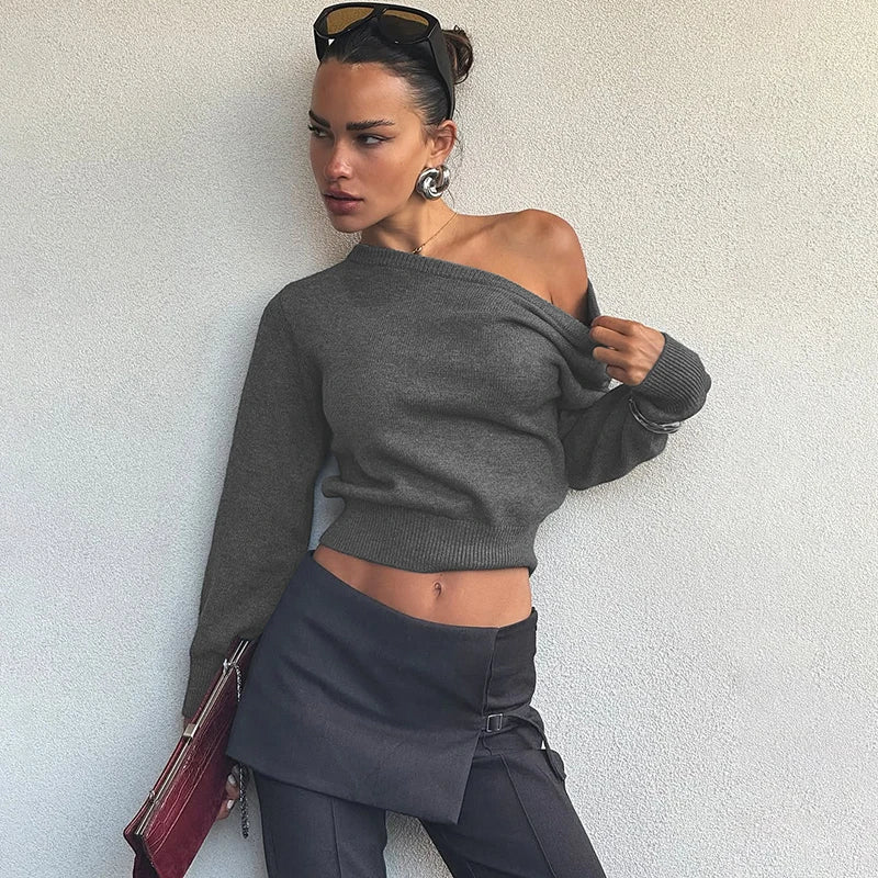 Inclined Shoulder Long Sleeve Slim Sweater