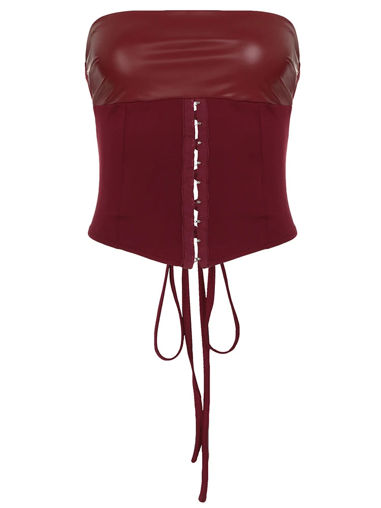 Backless Wine Two Pieces of Sets Harajuku Vest and Mini Skirts Lace Up