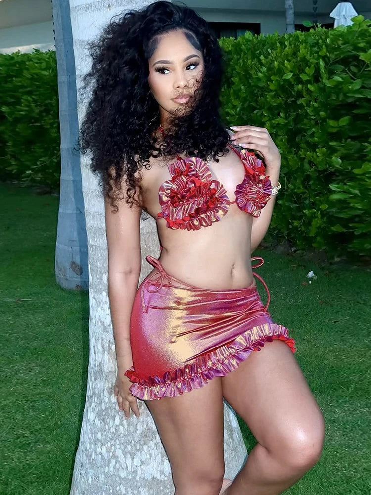 Reflection 3 Piece Set Thin Halter Tierred Bra Thong Peach Hip Ruffle Skirt