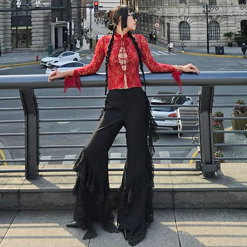Red See Through Lace Top