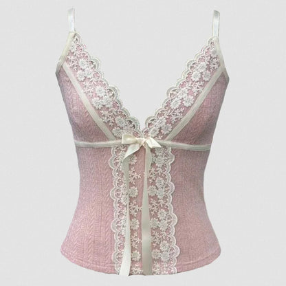 Ribbon Bow Lace V-Neck Top Pink