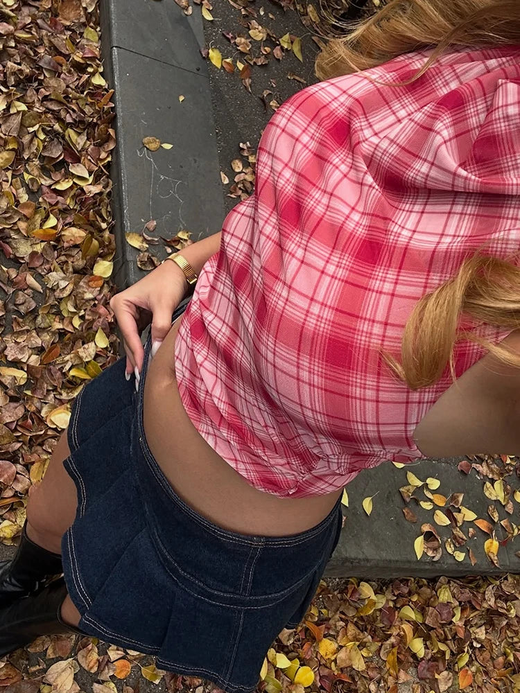 Red Plaid Halter Bandage Backless Top