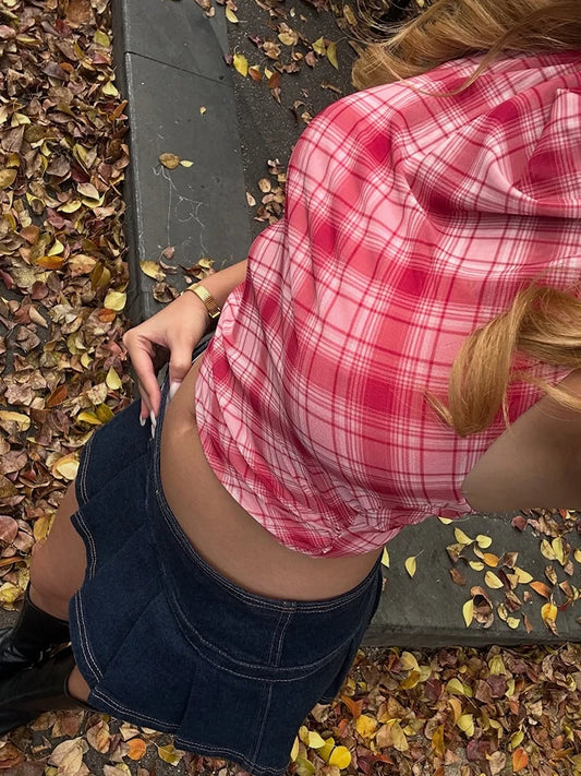 Red Plaid Halter Bandage Backless Top