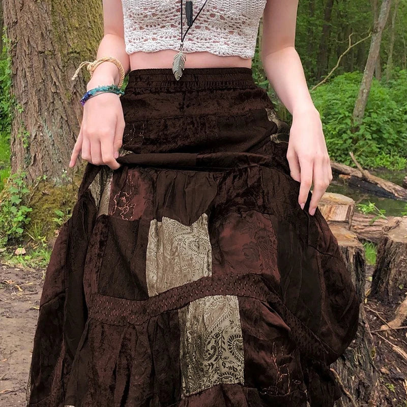 Patchwork Velvet Long Skirts Fairycore Grunge Bottoms Retro Skirts