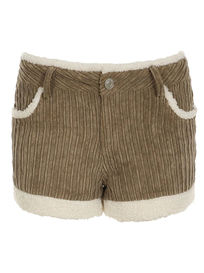 Khaki Low-Waisted Fur Mini Shorts