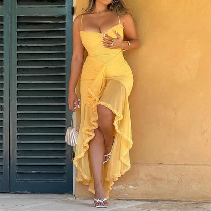 Yellow Ruffle Mesh Maxi Dress