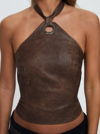 Leather Backless Halter Top