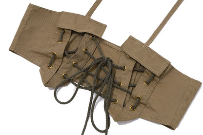 Khaki Strapless Hollow Out Crop Top