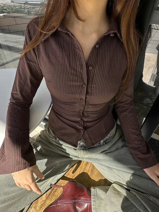 Striped Print Buttons Up Blouses Shirts Flare Sleeves Top