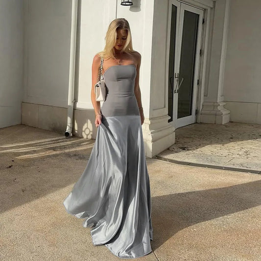 Gray Satin Strapless Backless Maxi Flowy Dress