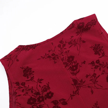 Floral Printed Deep V Long Dress - Sleeveless Slim Fit