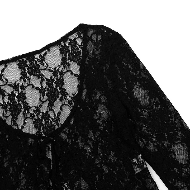 Black See Through Lace Mesh Long Sleeve Top
