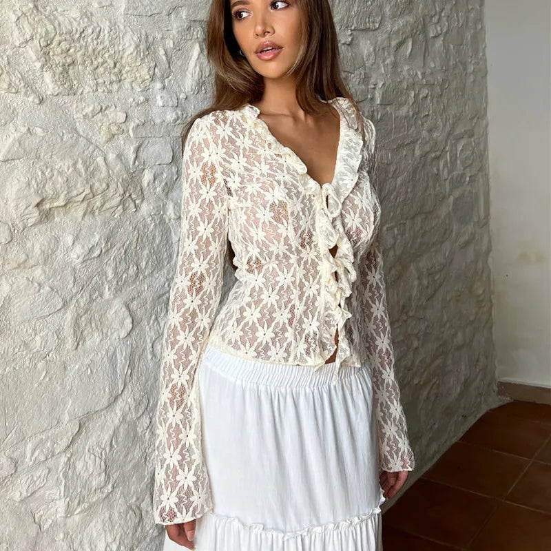 Sheer Lace Floral Flare Sleeve Top