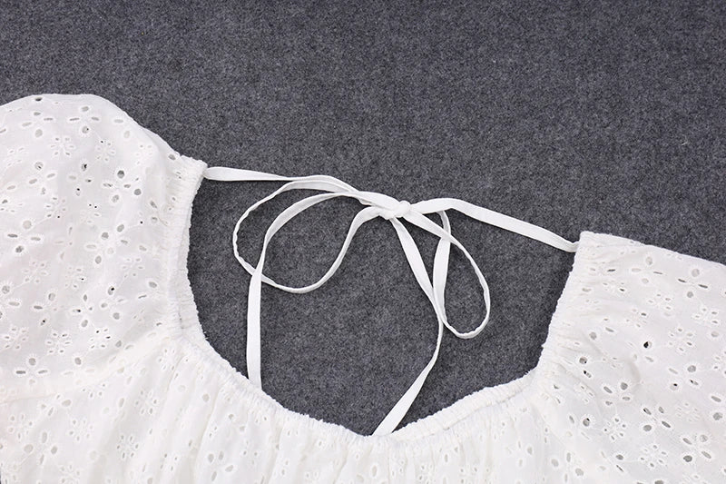 Low-cut Puff Short Sleeve Crop Top Flower Hollow Out T Shirt Backless White Camis