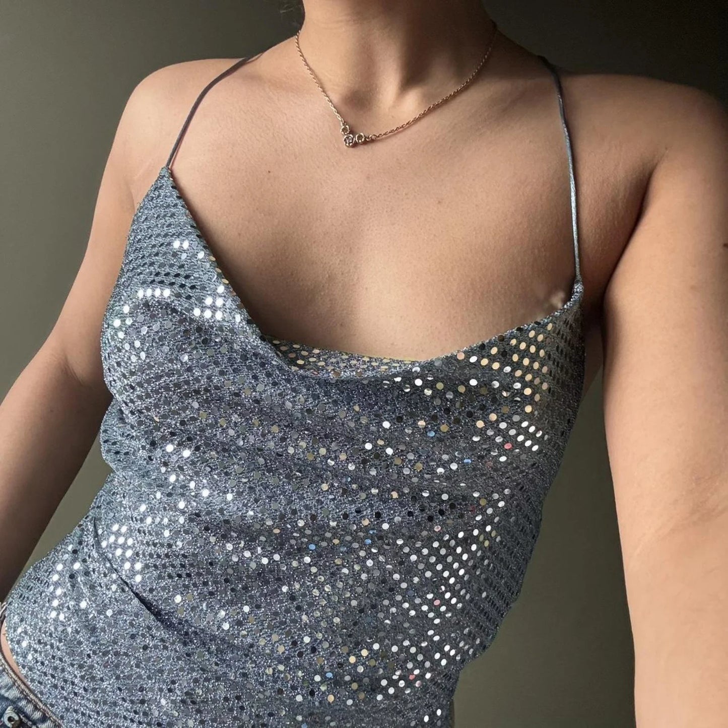 Blue Sequins Backless Halter Sleeveless Top