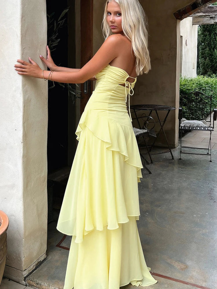 Strapless Hollow Out Maxi Dress Black Sleeveless High Waist Dress