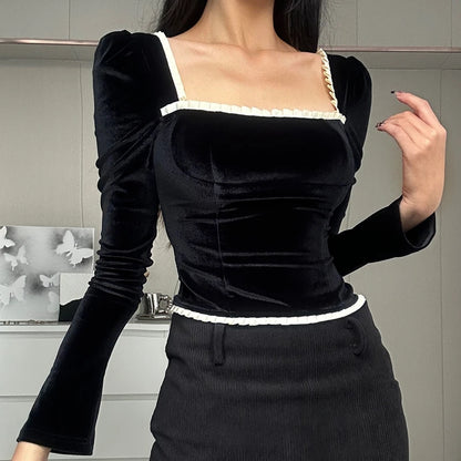 Black Square-Neck Patchwork Long Sleeve Top