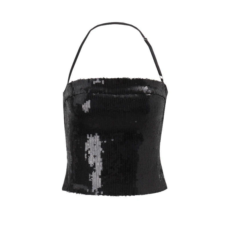 Black Sequin Halter Backless Top
