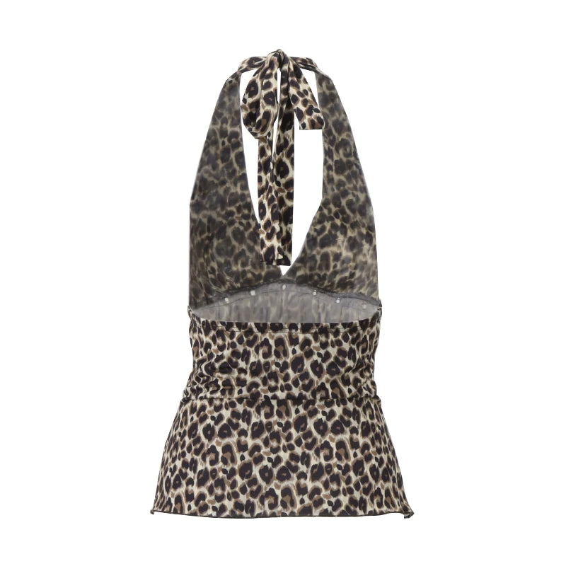 Leopard V-Neck Backless Halter Sleeveless Top