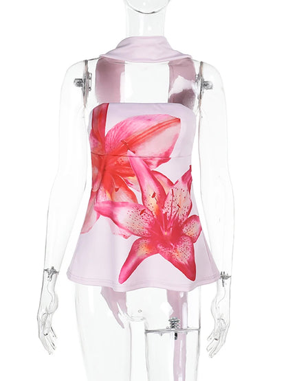 Pink Strapless Ribbon Tank Top - Backless Halter Style