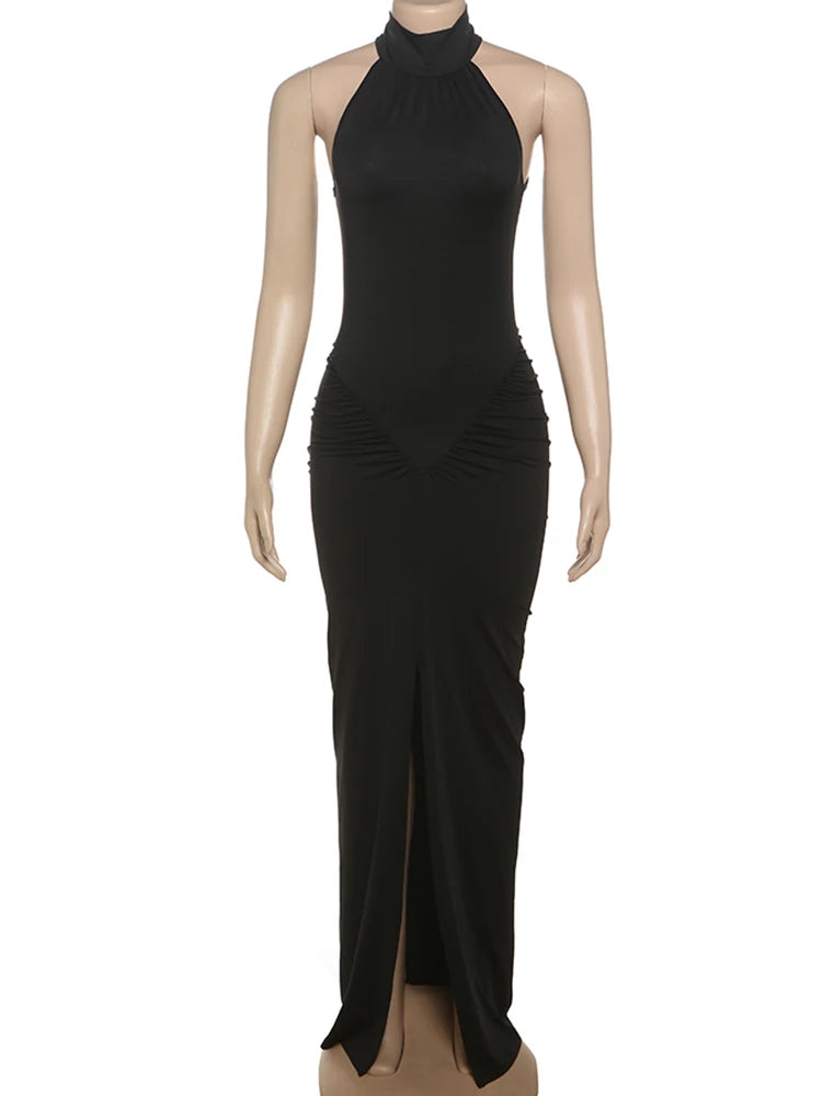 Peach Buttoc Dress Halter Pleated Solid Slim Slit